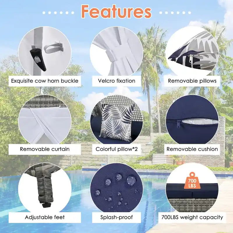90.5 Outdoor Patio Wicker Triangle Tent Daybed Sunbed with Colorful Pillows and Curtain