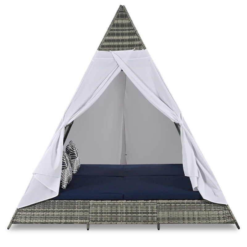90.5 Outdoor Patio Wicker Triangle Tent Daybed Sunbed with Colorful Pillows and Curtain