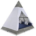 90.5 Outdoor Patio Wicker Triangle Tent Daybed Sunbed with Colorful Pillows and Curtain