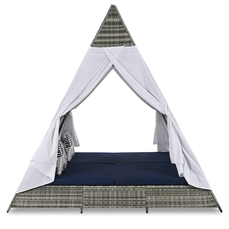90.5 Outdoor Patio Wicker Triangle Tent Daybed Sunbed with Colorful Pillows and Curtain