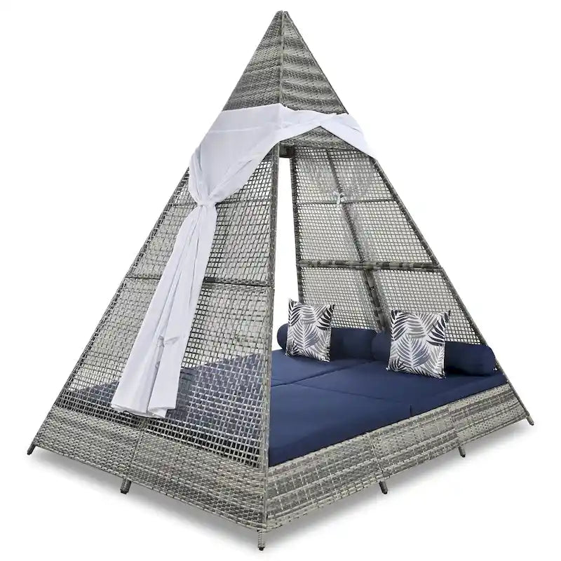 90.5 Outdoor Patio Wicker Triangle Tent Daybed Sunbed with Colorful Pillows and Curtain
