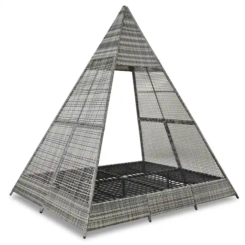 90.5 Outdoor Patio Wicker Triangle Tent Daybed Sunbed with Colorful Pillows and Curtain