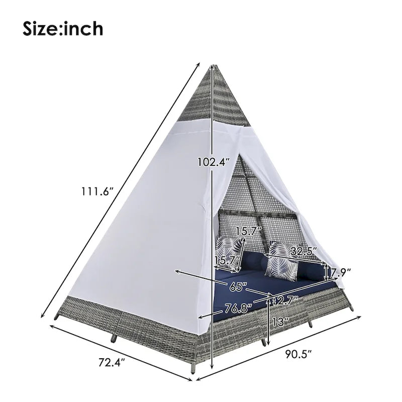 90.5 Outdoor Patio Wicker Triangle Tent Daybed Sunbed with Colorful Pillows and Curtain