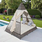 90.5 Outdoor Patio Wicker Triangle Tent Daybed Sunbed with Colorful Pillows and Curtain