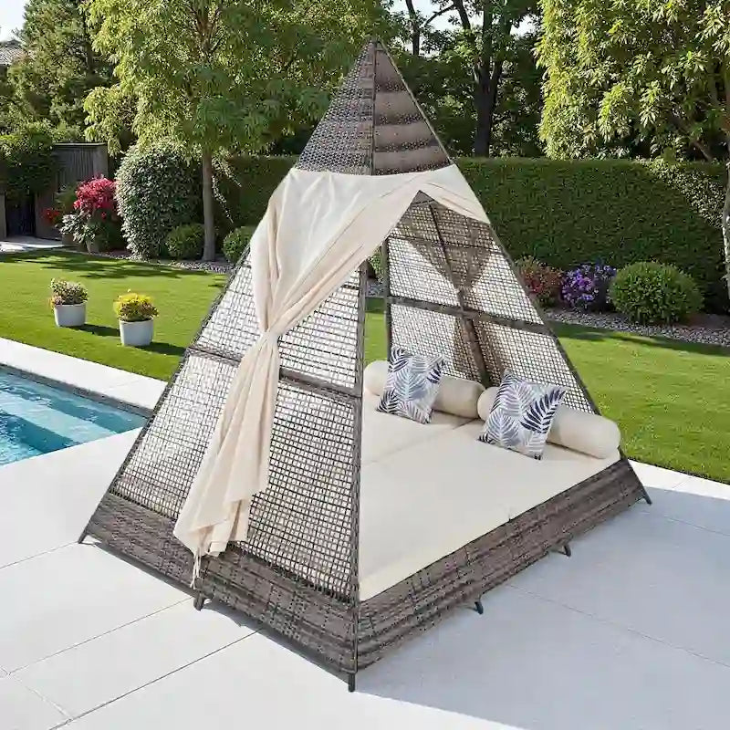 90.5 Outdoor Patio Wicker Triangle Tent Daybed Sunbed with Colorful Pillows and Curtain