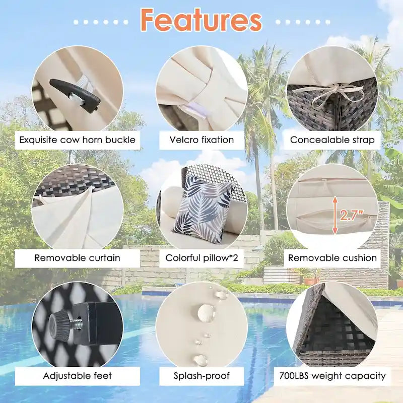 90.5 Outdoor Patio Wicker Triangle Tent Daybed Sunbed with Colorful Pillows and Curtain