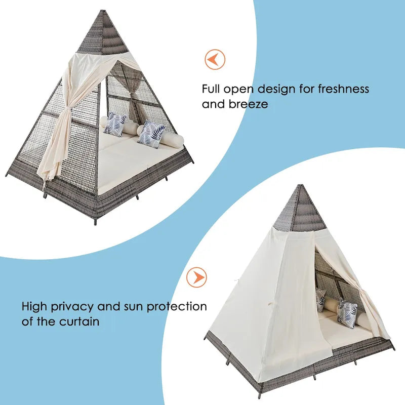90.5 Outdoor Patio Wicker Triangle Tent Daybed Sunbed with Colorful Pillows and Curtain