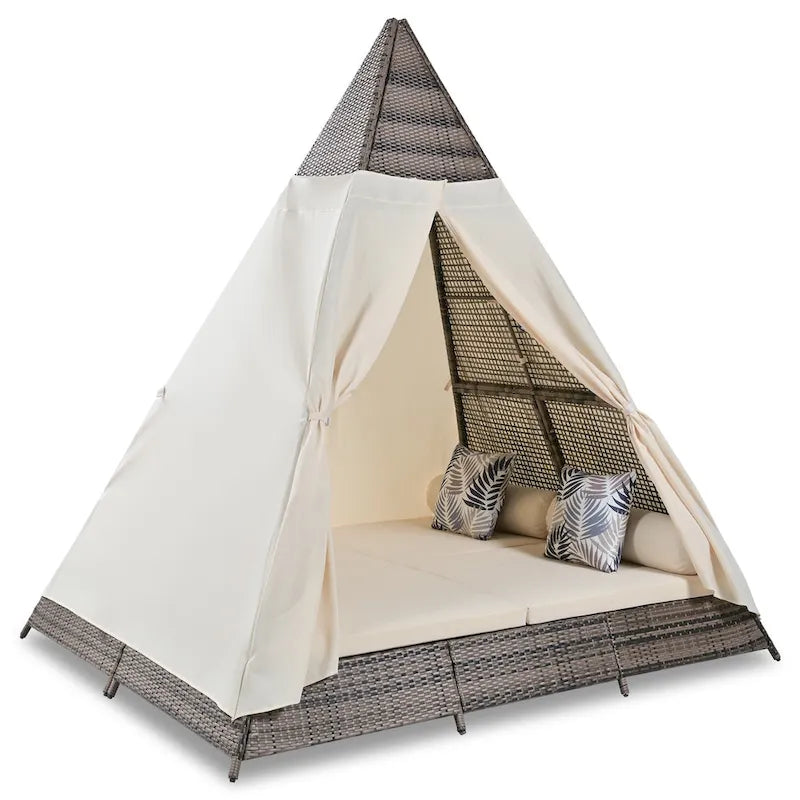 90.5 Outdoor Patio Wicker Triangle Tent Daybed Sunbed with Colorful Pillows and Curtain
