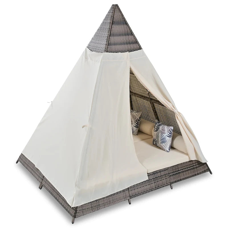 90.5 Outdoor Patio Wicker Triangle Tent Daybed Sunbed with Colorful Pillows and Curtain