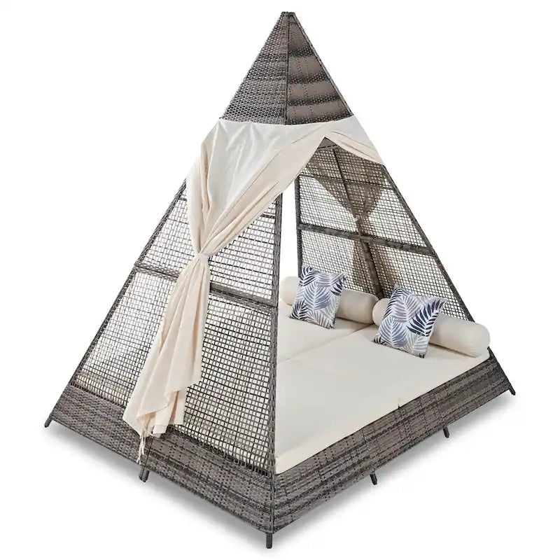 90.5 Outdoor Patio Wicker Triangle Tent Daybed Sunbed with Colorful Pillows and Curtain