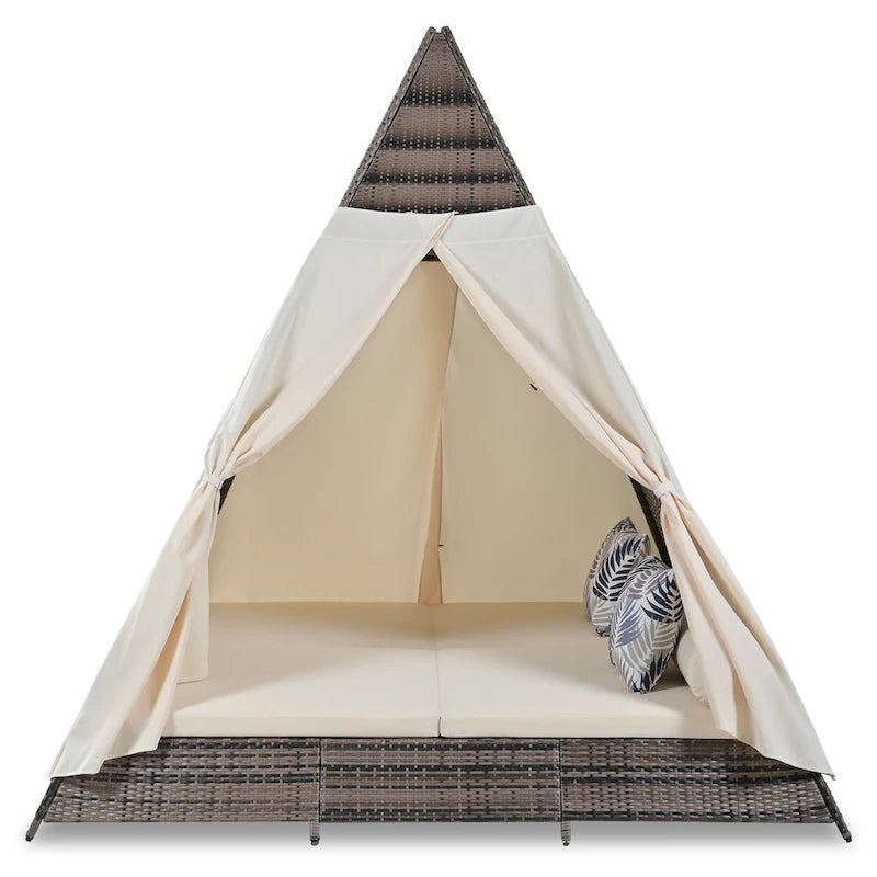 90.5 Outdoor Patio Wicker Triangle Tent Daybed Sunbed with Colorful Pillows and Curtain