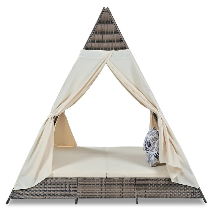 90.5 Outdoor Patio Wicker Triangle Tent Daybed Sunbed with Colorful Pillows and Curtain