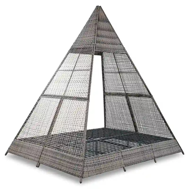 90.5 Outdoor Patio Wicker Triangle Tent Daybed Sunbed with Colorful Pillows and Curtain