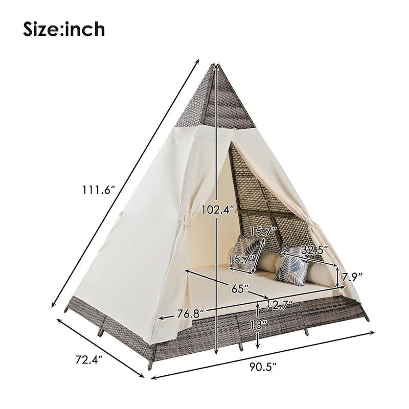90.5 Outdoor Patio Wicker Triangle Tent Daybed Sunbed with Colorful Pillows and Curtain