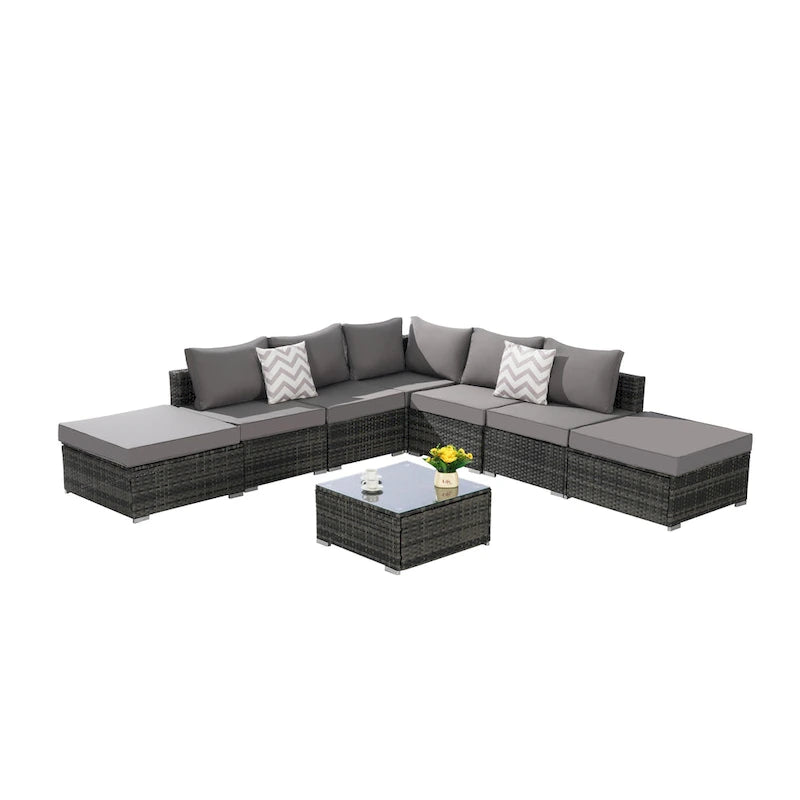 8-Pieces Outdoor Patio Sectional Sofa Set with Washable Cushions & Glass Coffee Table