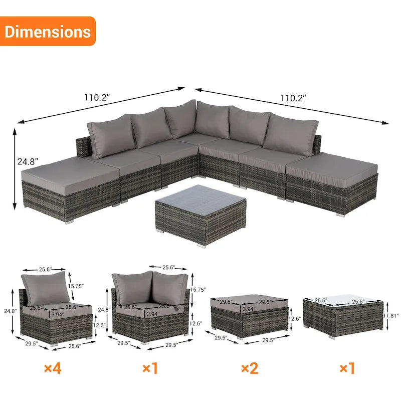 8-Pieces Outdoor Patio Sectional Sofa Set with Washable Cushions & Glass Coffee Table