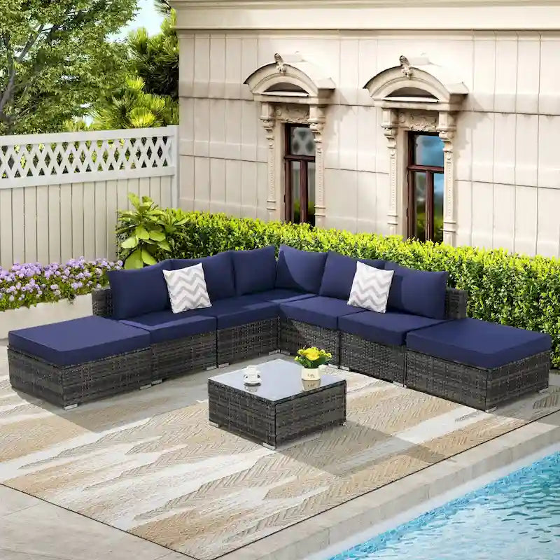 8-Pieces Outdoor Patio Sectional Sofa Set with Washable Cushions & Glass Coffee Table