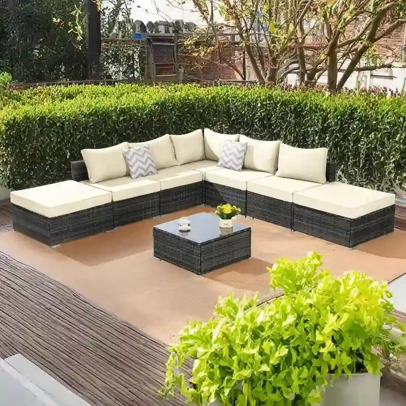 8-Pieces Outdoor Patio Sectional Sofa Set with Washable Cushions & Glass Coffee Table