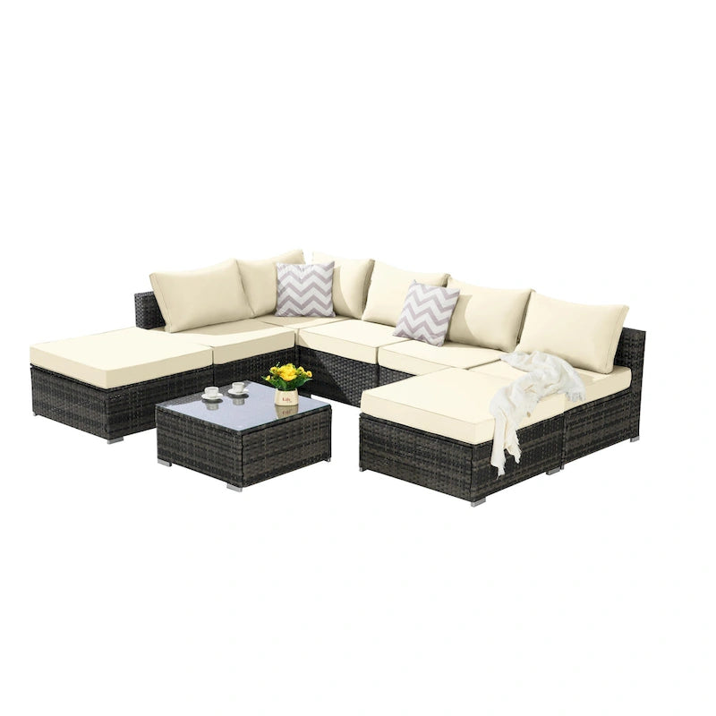 8-Pieces Outdoor Patio Sectional Sofa Set with Washable Cushions & Glass Coffee Table