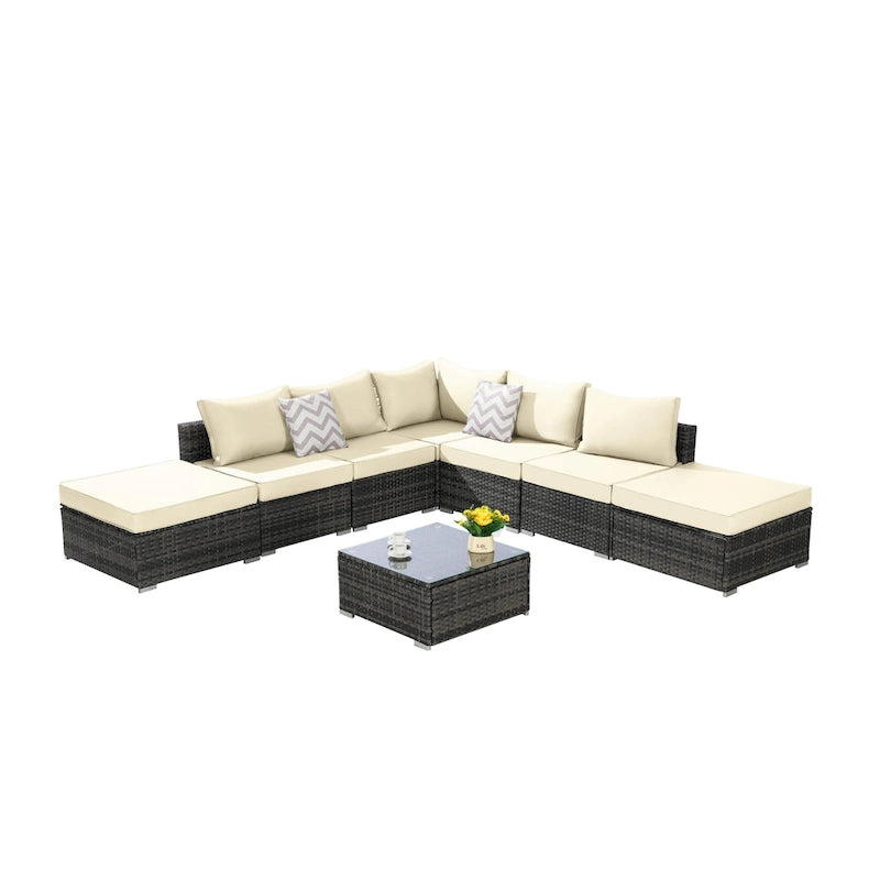 8-Pieces Outdoor Patio Sectional Sofa Set with Washable Cushions & Glass Coffee Table