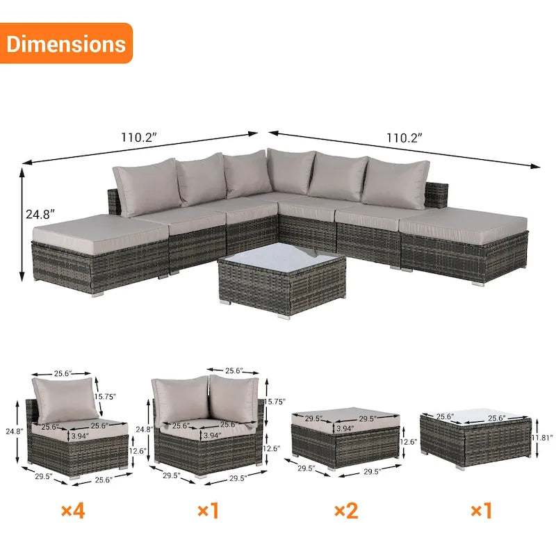 8-Pieces Outdoor Patio Sectional Sofa Set with Washable Cushions & Glass Coffee Table
