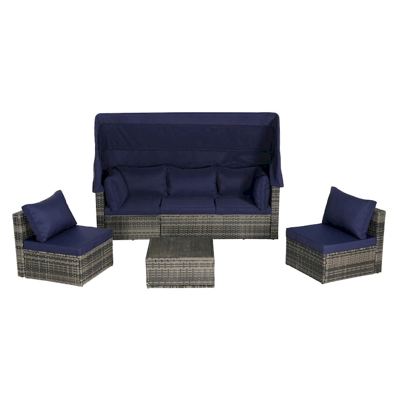 Set Divano Letto Da Esterno a 5 Pezzi in Vimini con Baldacchino Retrattile, Tavolo Riponibile