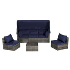 Set Divano Letto Da Esterno a 5 Pezzi in Vimini con Baldacchino Retrattile, Tavolo Riponibile