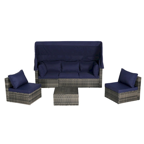 Set Divano Letto Da Esterno a 5 Pezzi in Vimini con Baldacchino Retrattile, Tavolo Riponibile