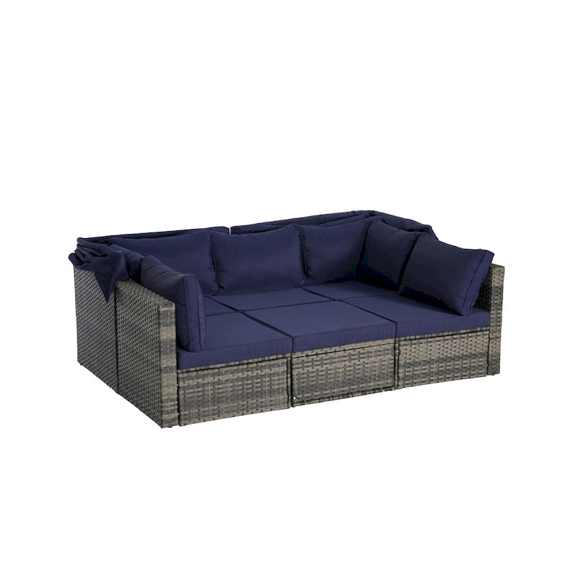 Set Divano Letto Da Esterno a 5 Pezzi in Vimini con Baldacchino Retrattile, Tavolo Riponibile