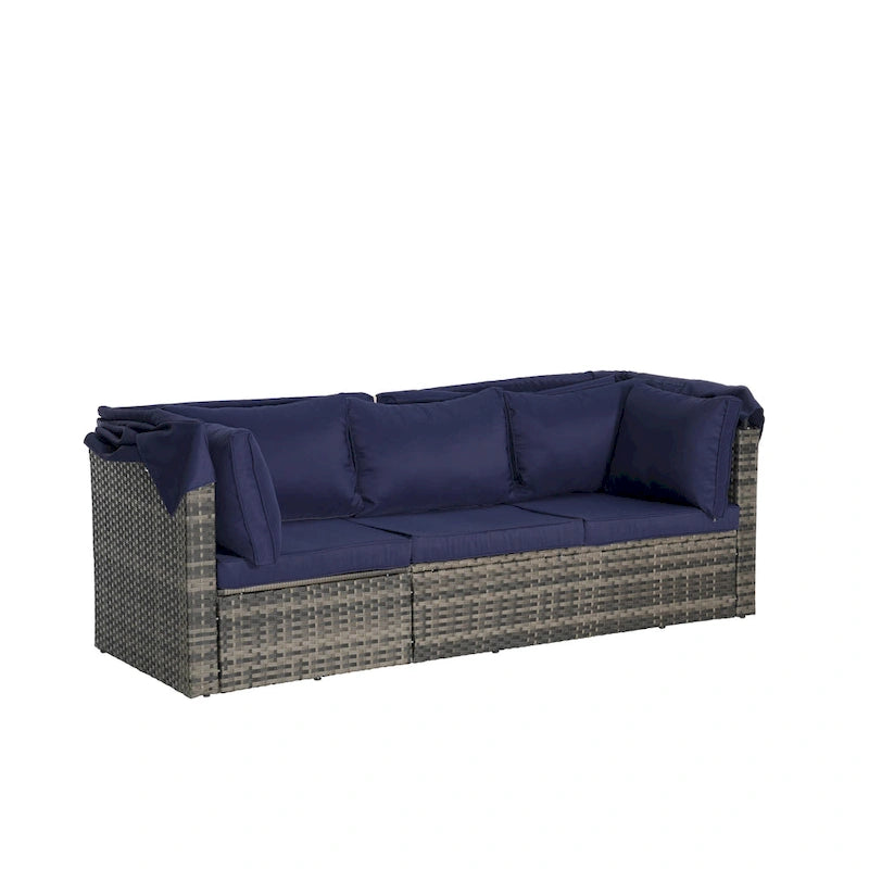 Set Divano Letto Da Esterno a 5 Pezzi in Vimini con Baldacchino Retrattile, Tavolo Riponibile