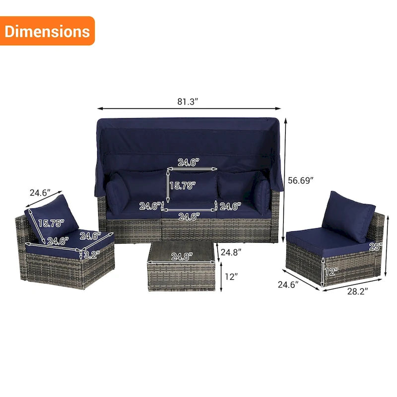 Set Divano Letto Da Esterno a 5 Pezzi in Vimini con Baldacchino Retrattile, Tavolo Riponibile