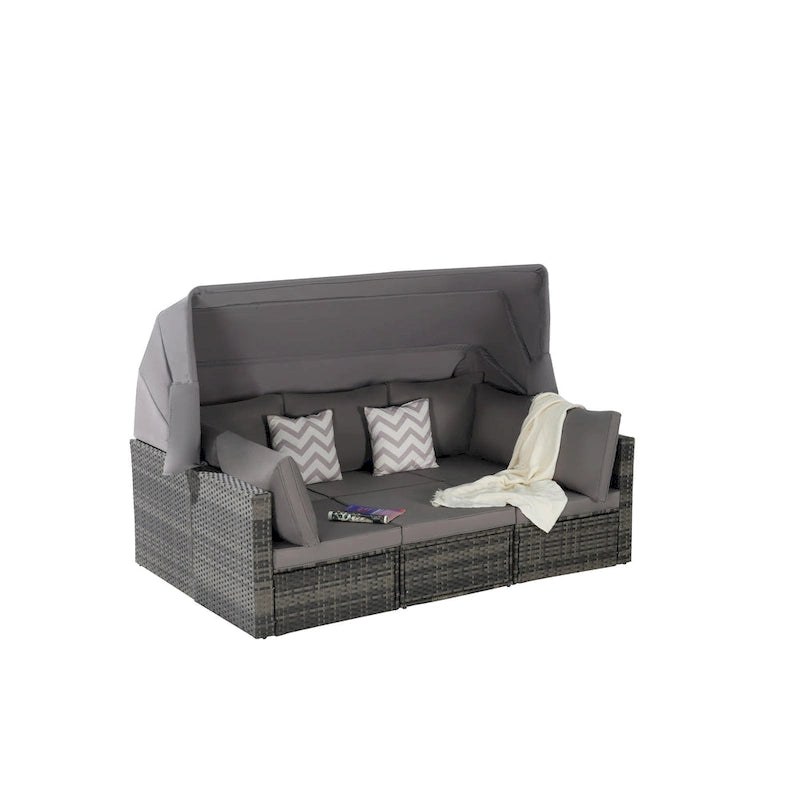 Set Divano Letto Da Esterno a 5 Pezzi in Vimini con Baldacchino Retrattile, Tavolo Riponibile