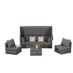 Set Divano Letto Da Esterno a 5 Pezzi in Vimini con Baldacchino Retrattile, Tavolo Riponibile
