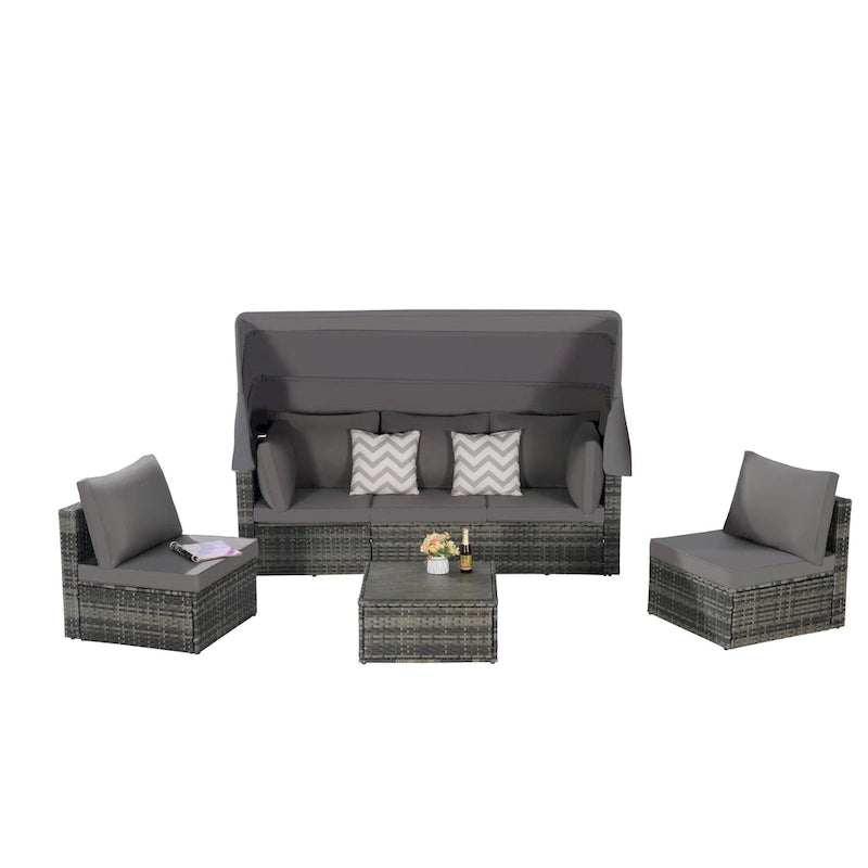 Set Divano Letto Da Esterno a 5 Pezzi in Vimini con Baldacchino Retrattile, Tavolo Riponibile