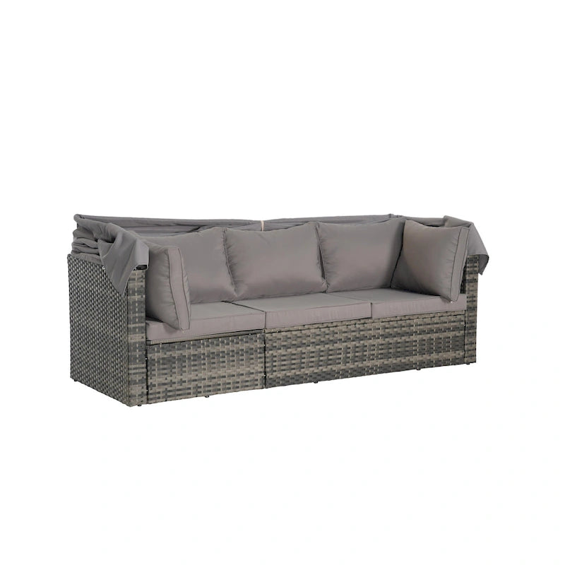 Set Divano Letto Da Esterno a 5 Pezzi in Vimini con Baldacchino Retrattile, Tavolo Riponibile