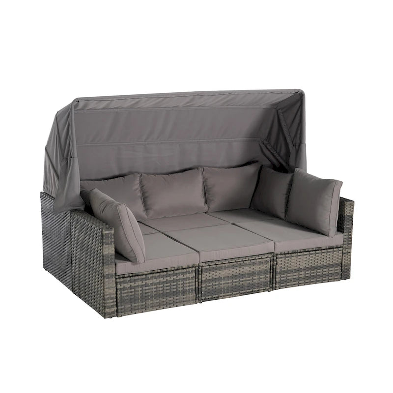 Set Divano Letto Da Esterno a 5 Pezzi in Vimini con Baldacchino Retrattile, Tavolo Riponibile
