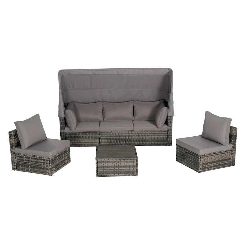 Set Divano Letto Da Esterno a 5 Pezzi in Vimini con Baldacchino Retrattile, Tavolo Riponibile