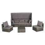 Set Divano Letto Da Esterno a 5 Pezzi in Vimini con Baldacchino Retrattile, Tavolo Riponibile
