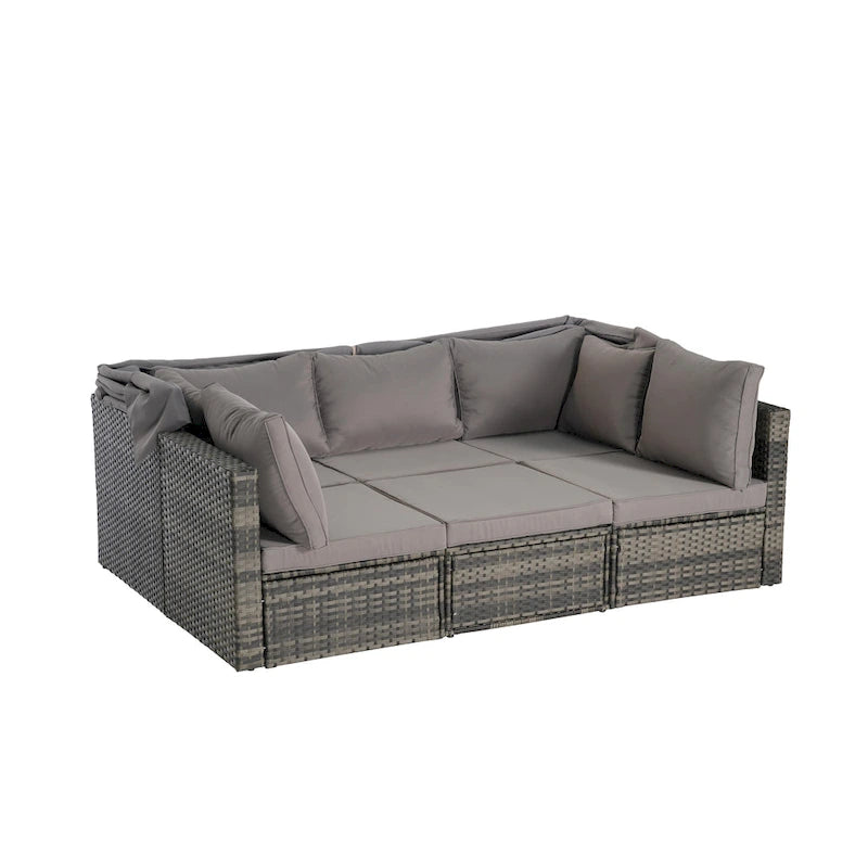 Set Divano Letto Da Esterno a 5 Pezzi in Vimini con Baldacchino Retrattile, Tavolo Riponibile