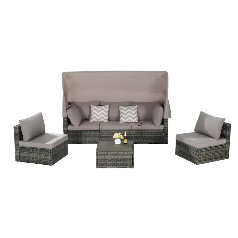 Set Divano Letto Da Esterno a 5 Pezzi in Vimini con Baldacchino Retrattile, Tavolo Riponibile