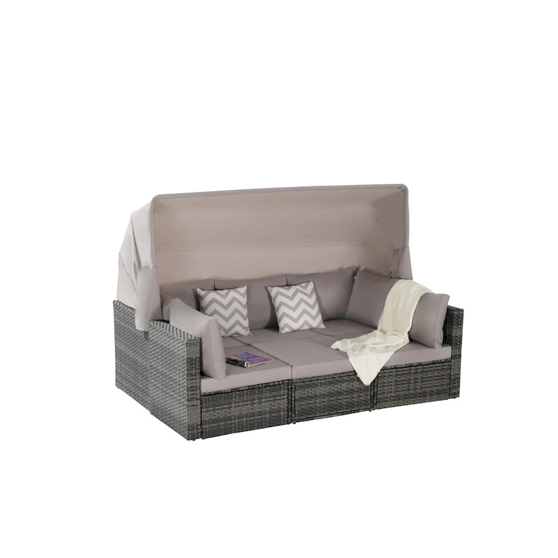 Set Divano Letto Da Esterno a 5 Pezzi in Vimini con Baldacchino Retrattile, Tavolo Riponibile