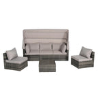 Set Divano Letto Da Esterno a 5 Pezzi in Vimini con Baldacchino Retrattile, Tavolo Riponibile