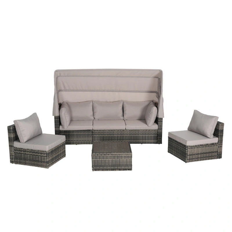 Set Divano Letto Da Esterno a 5 Pezzi in Vimini con Baldacchino Retrattile, Tavolo Riponibile