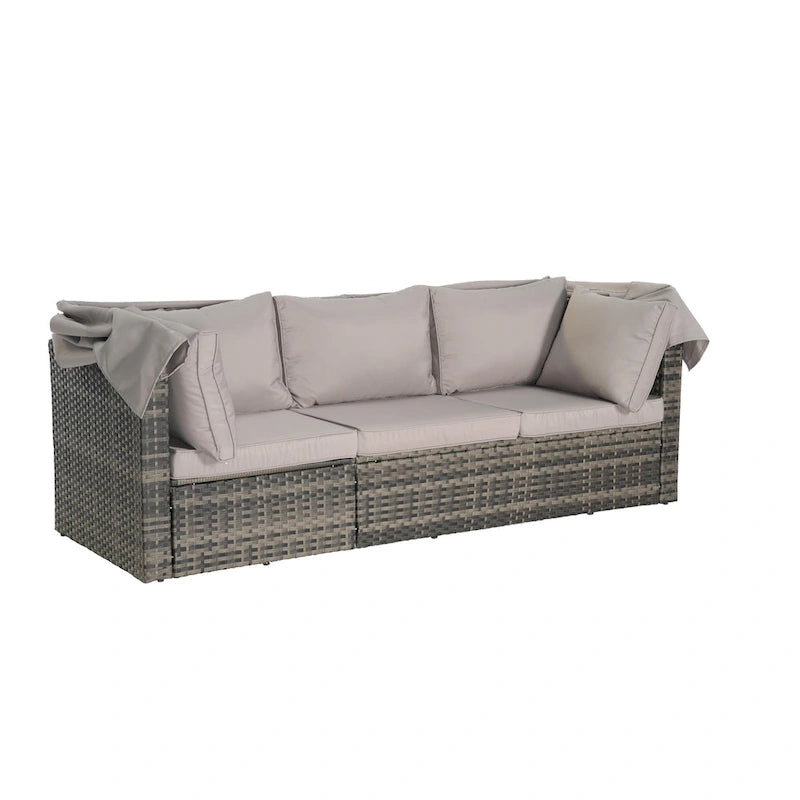 Set Divano Letto Da Esterno a 5 Pezzi in Vimini con Baldacchino Retrattile, Tavolo Riponibile