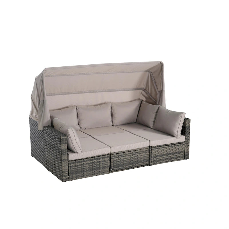 Set Divano Letto Da Esterno a 5 Pezzi in Vimini con Baldacchino Retrattile, Tavolo Riponibile