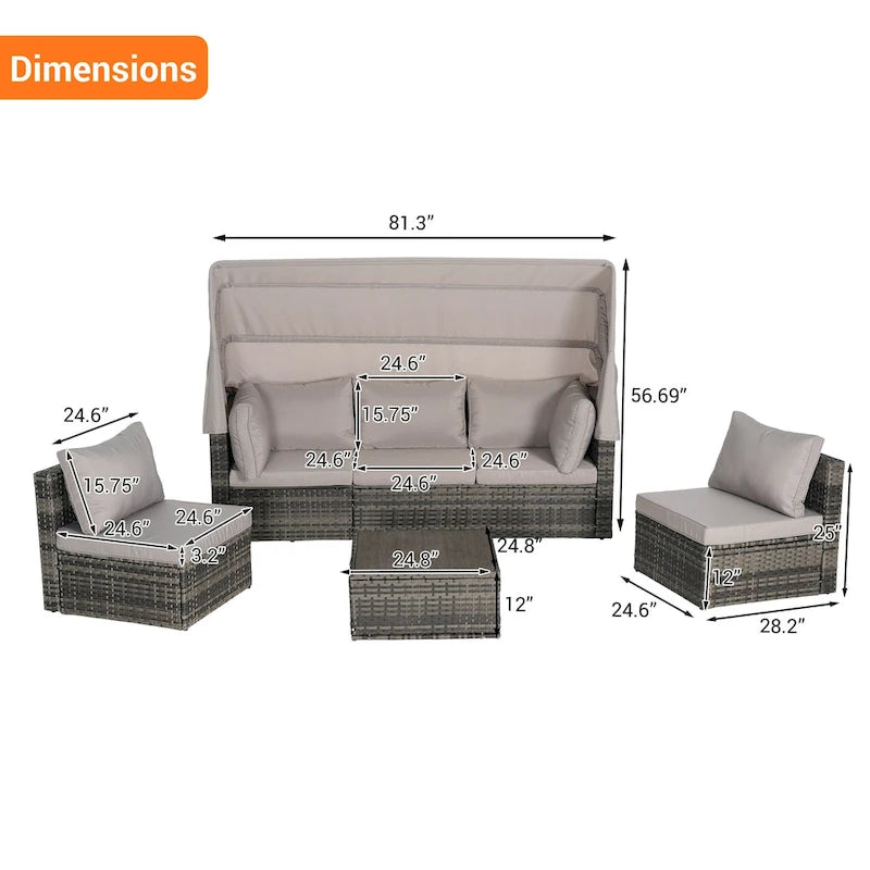Set Divano Letto Da Esterno a 5 Pezzi in Vimini con Baldacchino Retrattile, Tavolo Riponibile