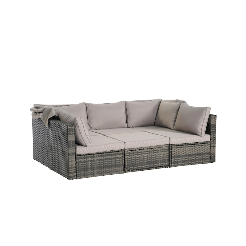 Set Divano Letto Da Esterno a 5 Pezzi in Vimini con Baldacchino Retrattile, Tavolo Riponibile
