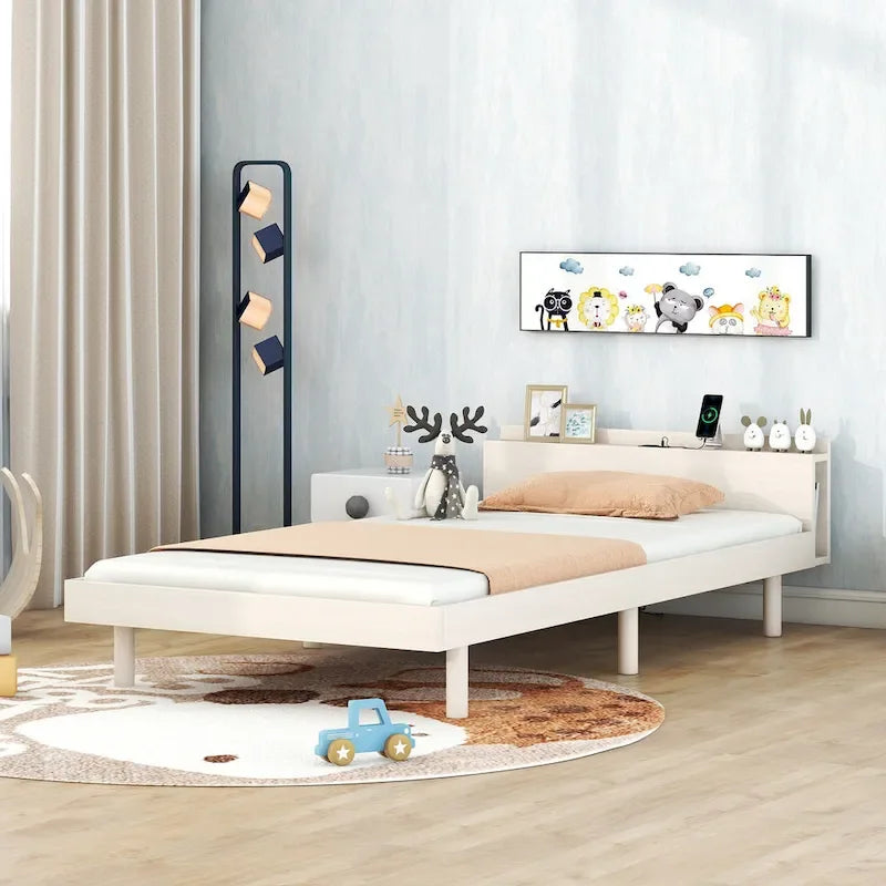 White Washed Twin Platform Bed with Built-in USB Port