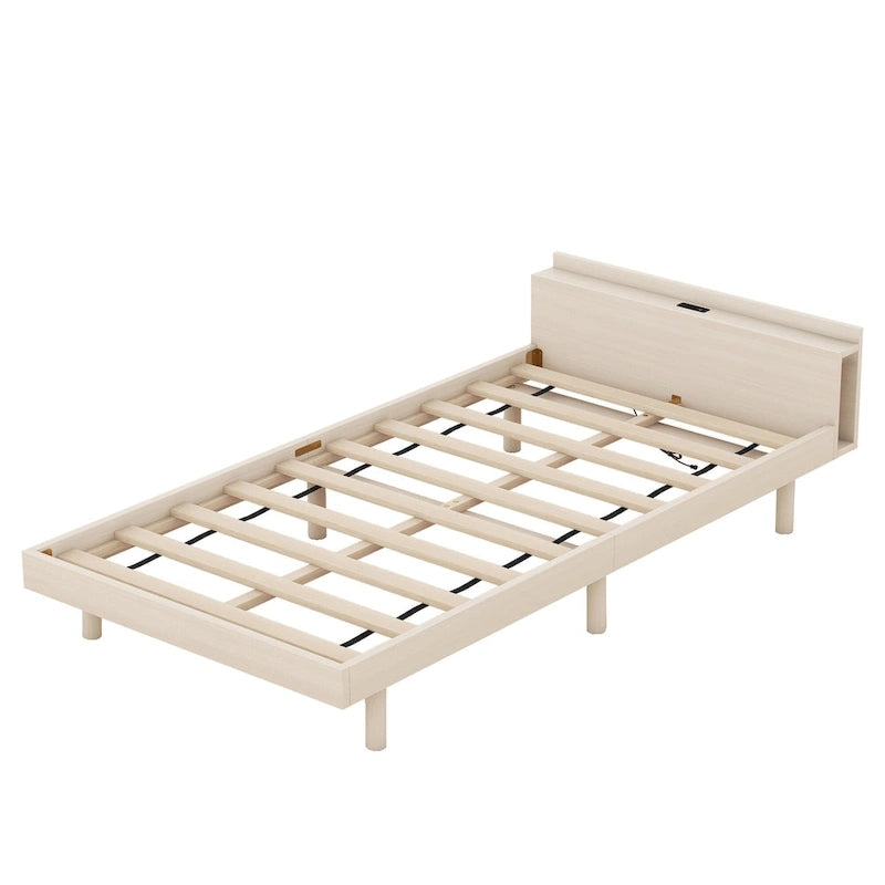 White Washed Twin Platform Bed with Built-in USB Port