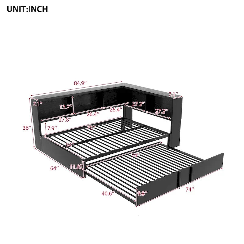 Full Metal Daybed with Trundle, Storage Cabinets, and USB Ports
